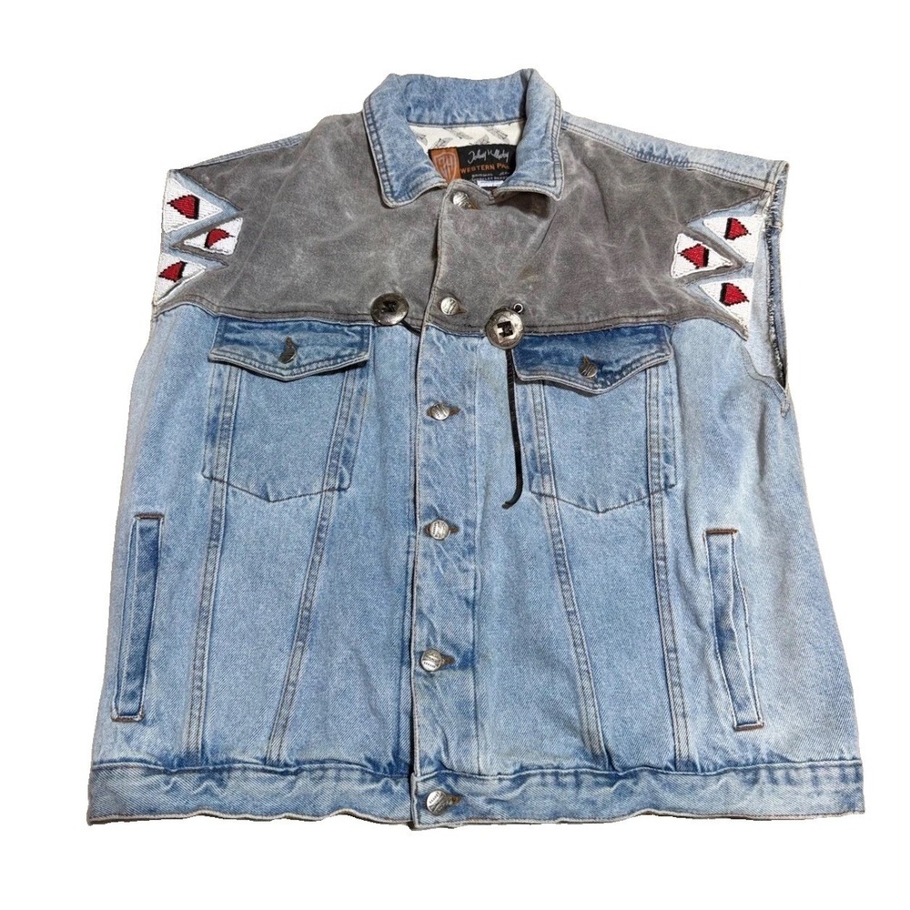 Johnny‎ Hallyday Western Passion Vest XL Southwestern Beaded Denim Suede Blue